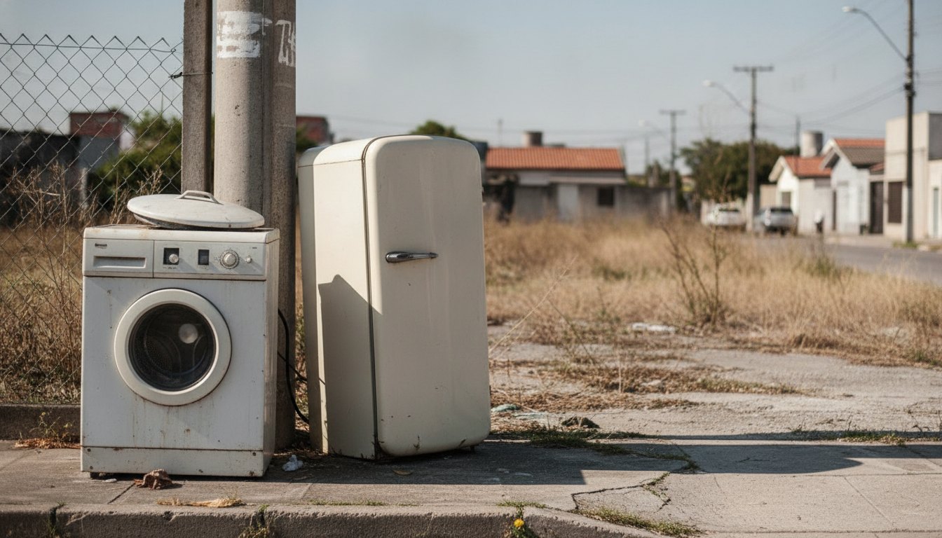 Máquina de lavar roupas e geladeira antigas deixadas ao lado de um poste na calçada.