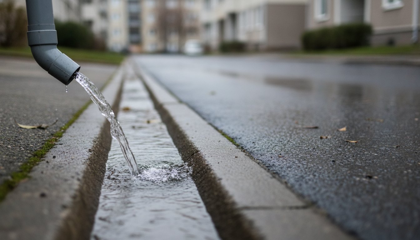 Água da chuva escoando de um cano de PVC diretamente para a sarjeta de rua asfaltada.