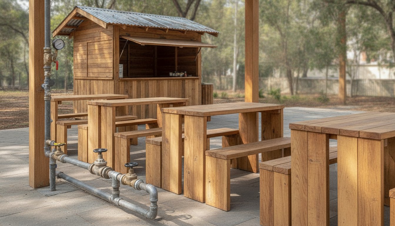 Estrutura de madeira de um parklet com mesas e um quiosque de lanches ao fundo