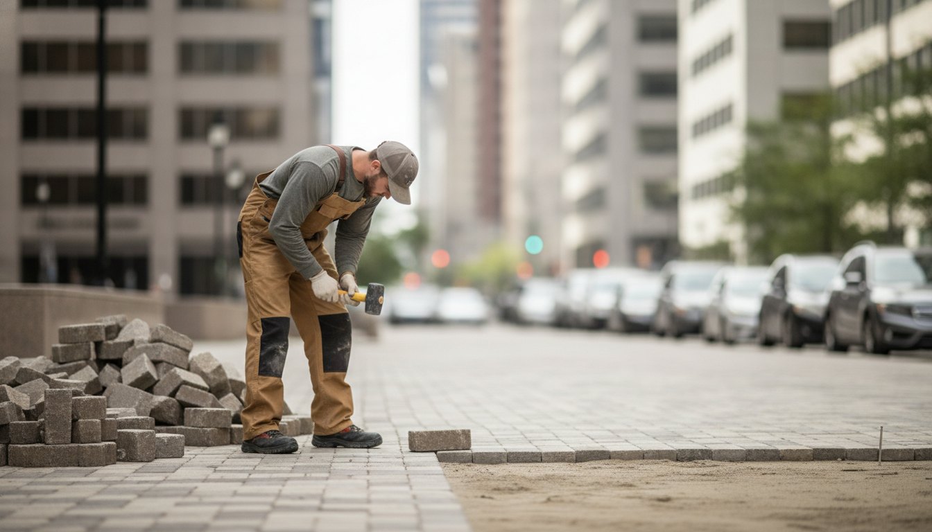 Homem com uniforme de trabalho aplicando pedras de pavimentação em uma calçada urbana.
