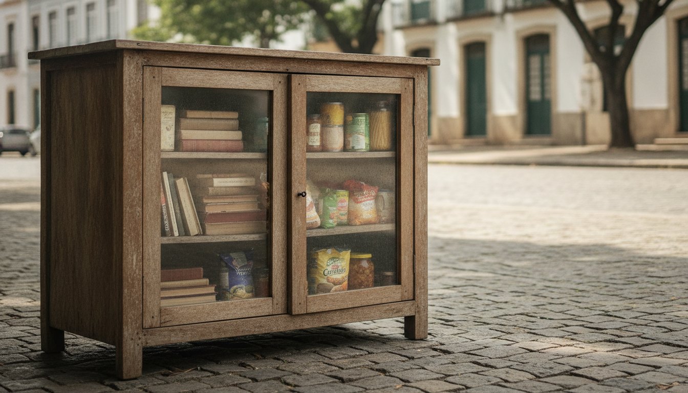 Armário de madeira com portas de vidro instalado em uma calçada, contendo livros e alimentos.