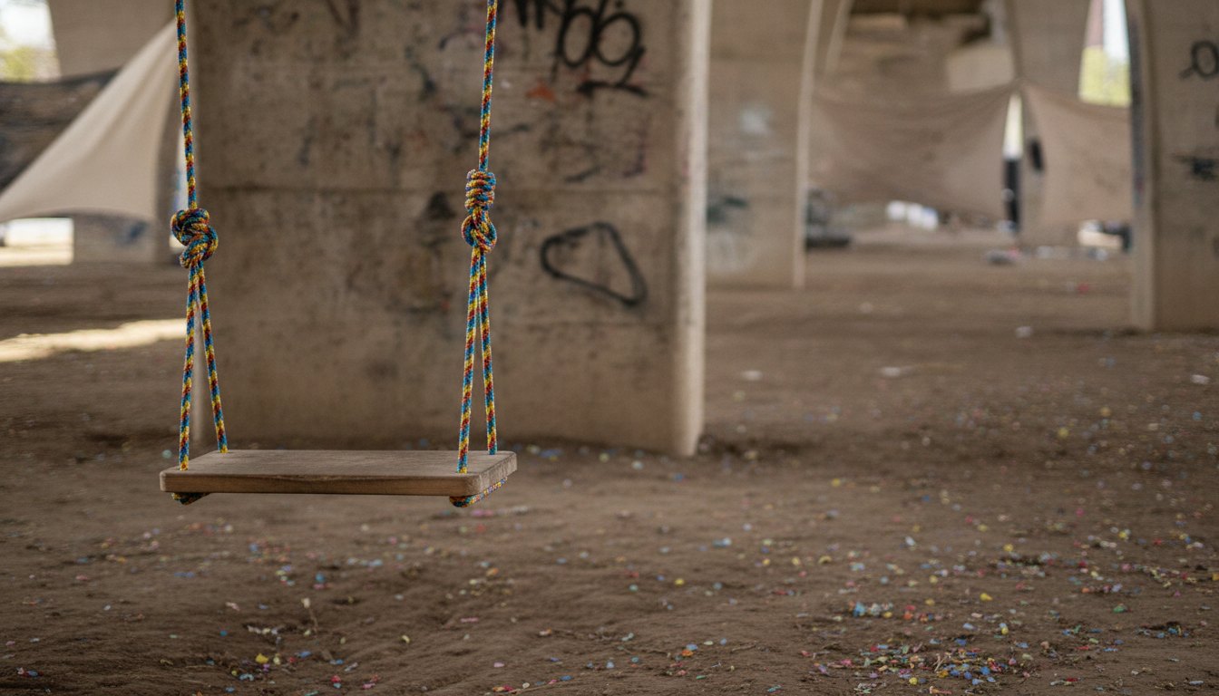 Balanço de madeira com cordas coloridas amarrado em um pilar de viaduto de concreto.