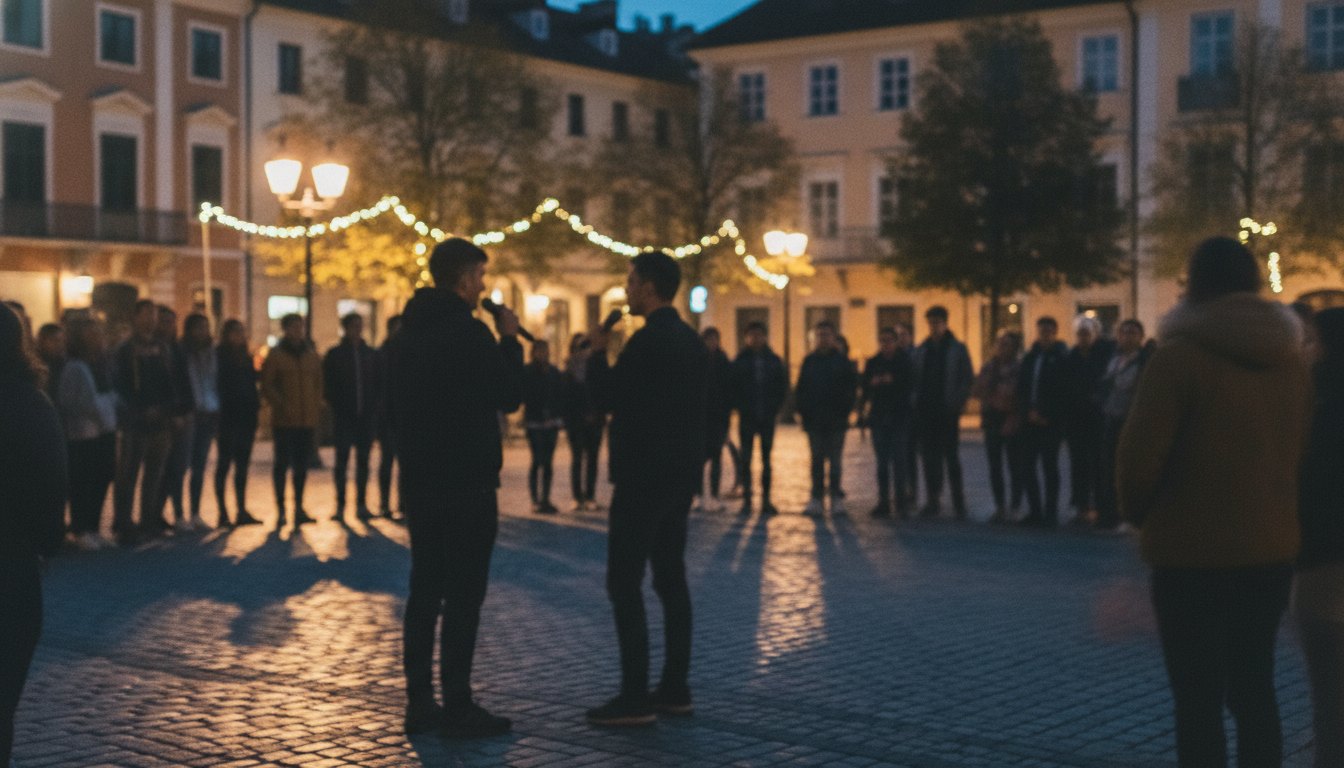 Roda de jovens ao redor de dois rapazes com microfones em uma praça noturna iluminada.