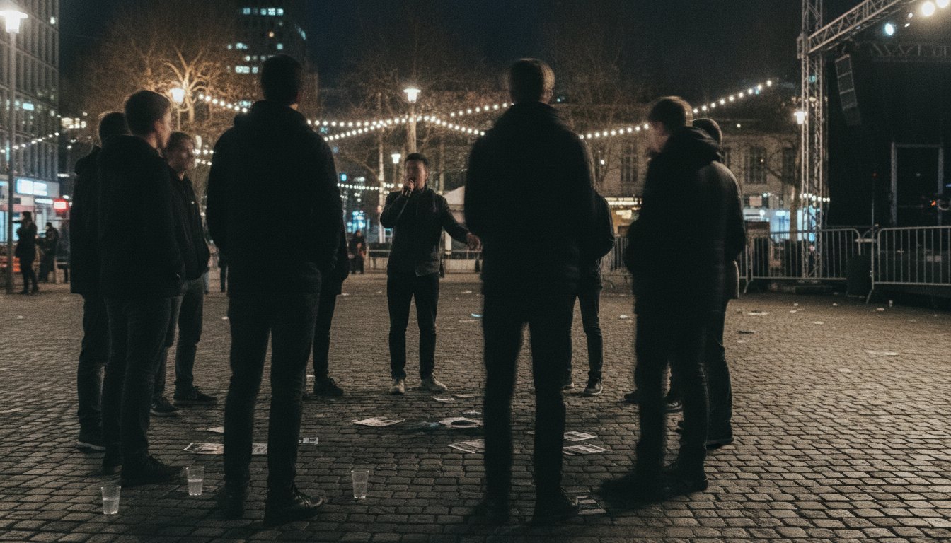 Jovens em roda em uma praça pública à noite, enquanto um deles fala ao microfone.