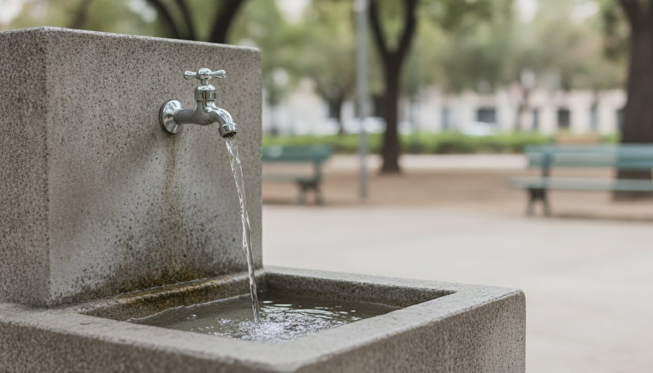 Bebedouro de concreto em uma praça pública com torneira de metal jorrando água