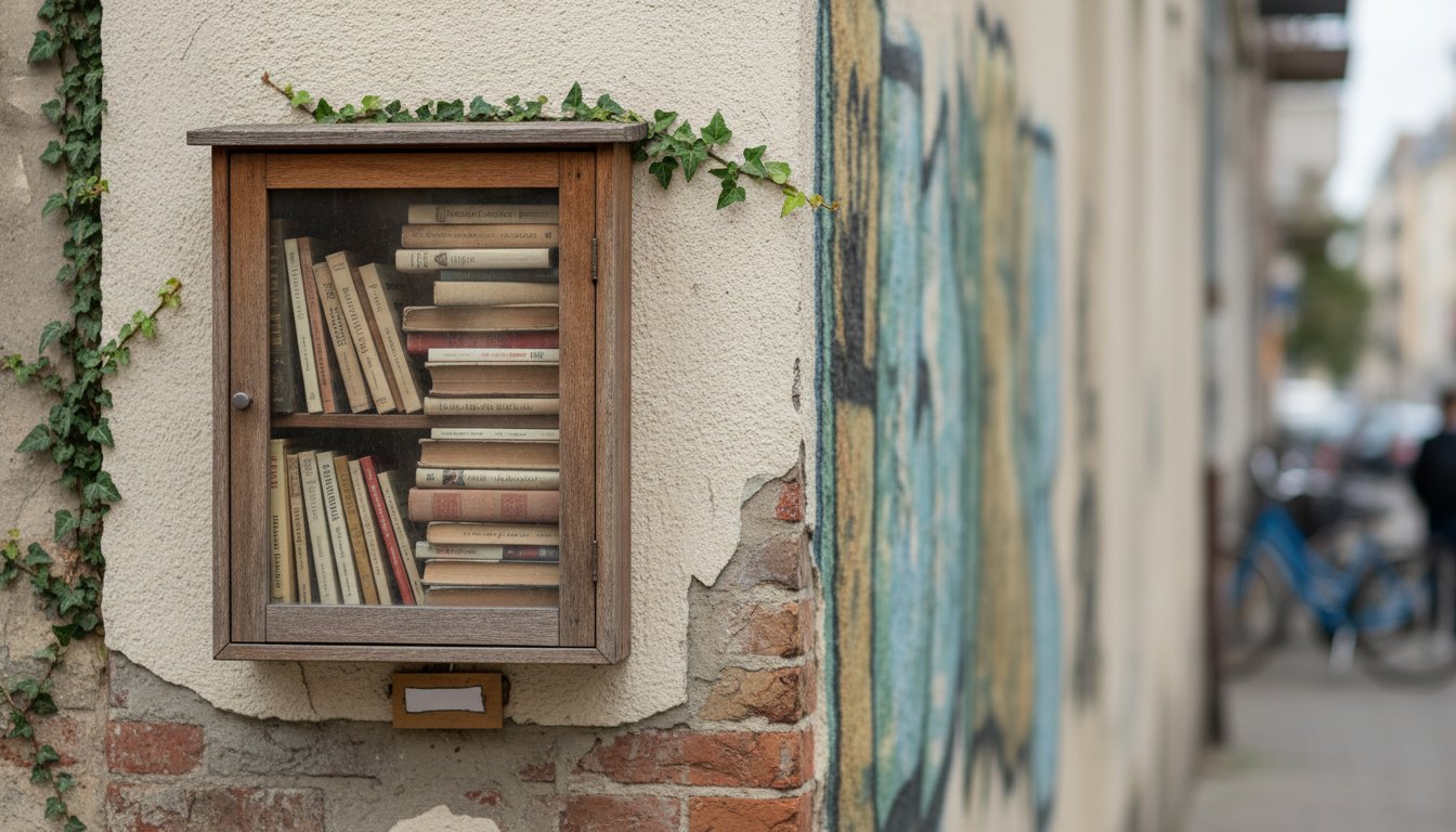 Caixa de madeira com porta de vidro cheia de livros presa num muro residencial.