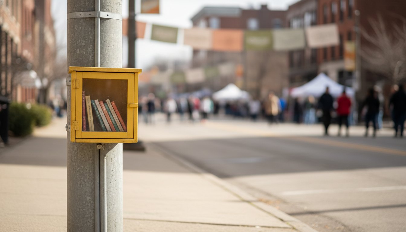 Pequena caixa de madeira amarela com porta de vidro cheia de livros fixada em poste urbano.