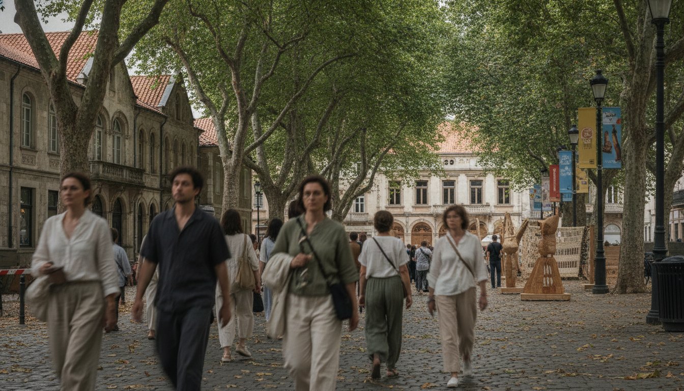 Grupo de pessoas caminhando por uma rua arborizada enquanto observam a arquitetura de casas antigas.