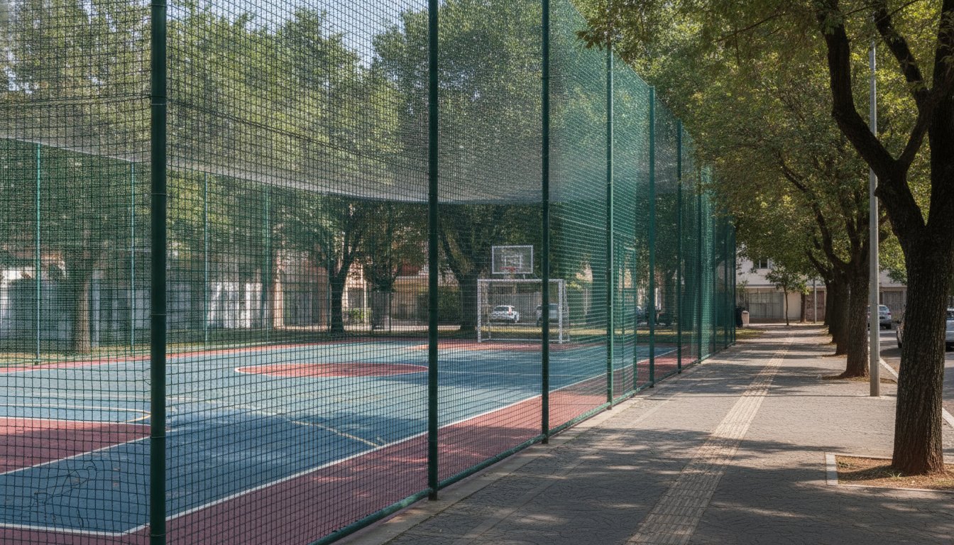 Tela de contenção instalada ao redor de uma quadra esportiva próxima a uma calçada arborizada.