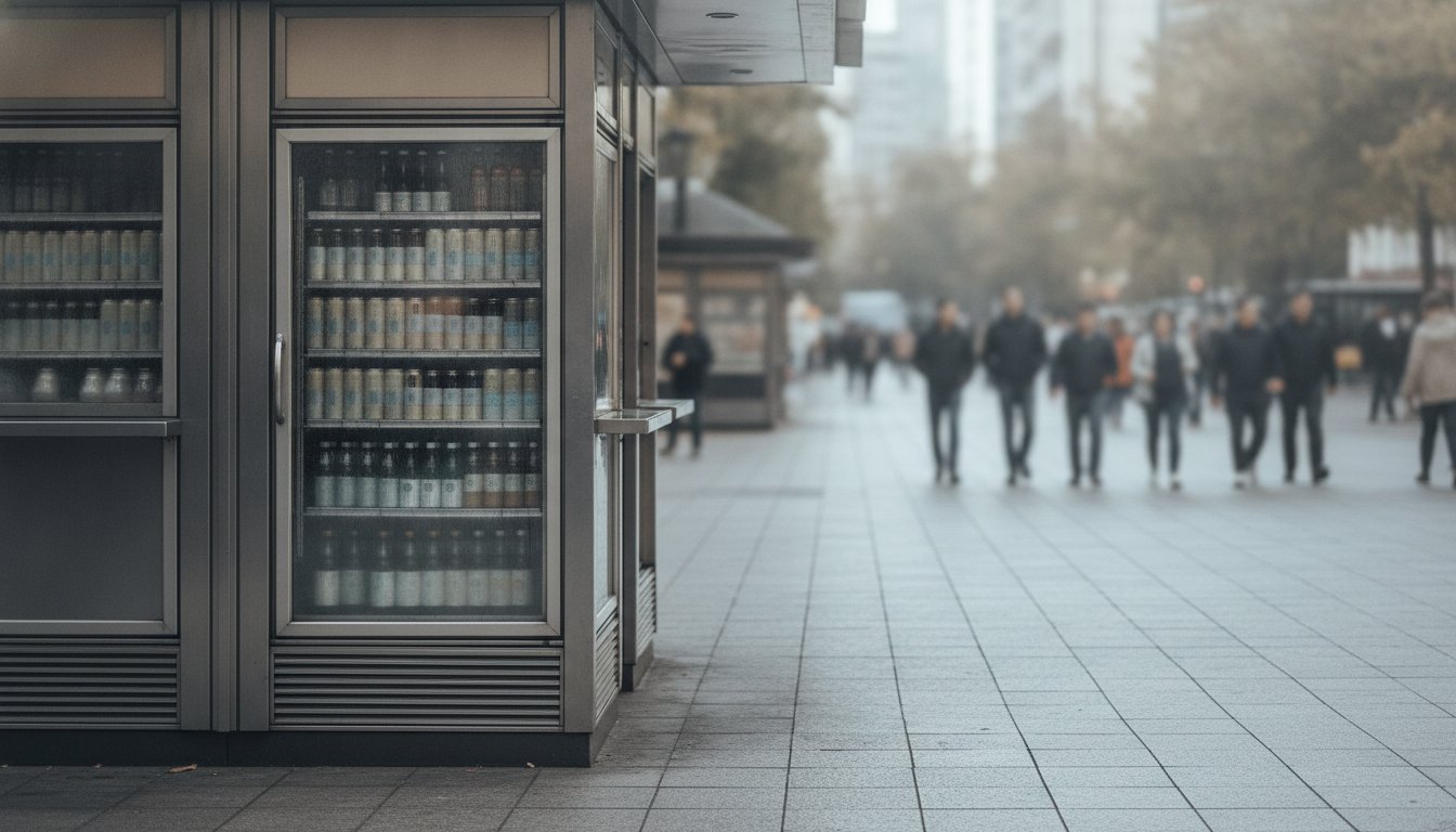 Pedestres caminham ao lado de uma banca de jornal metálica com expositores de bebidas na calçada.