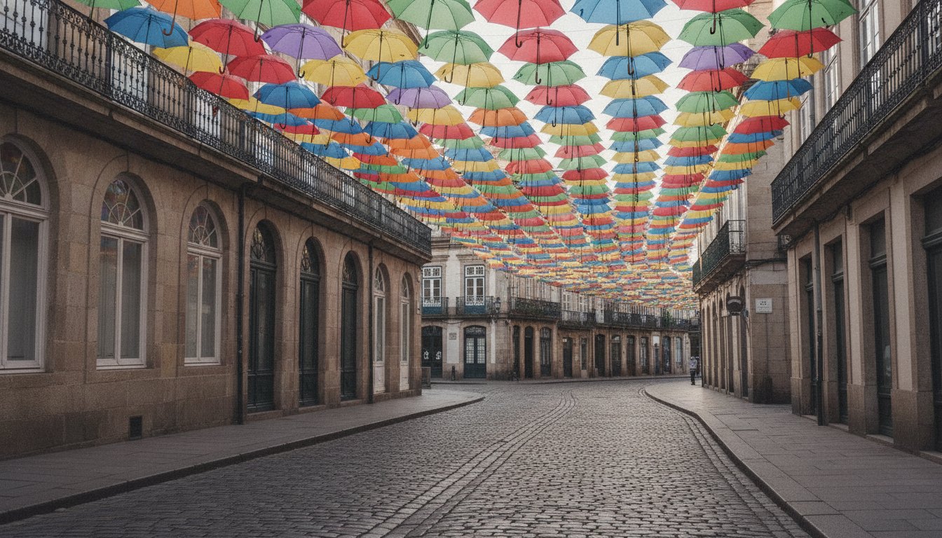 Guarda-chuvas coloridos suspensos por fios sobre uma rua de paralelepípedos com pessoas caminhando.