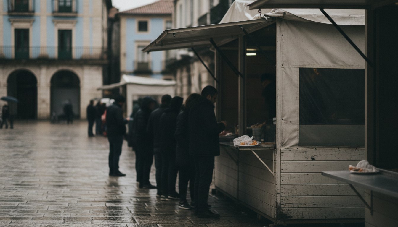 Barraca de comida de rua em uma praça movimentada com pessoas aguardando atendimento na calçada.
