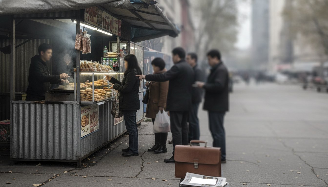 Barraca de lanches na calçada com pessoas comprando e vendedor atendendo.