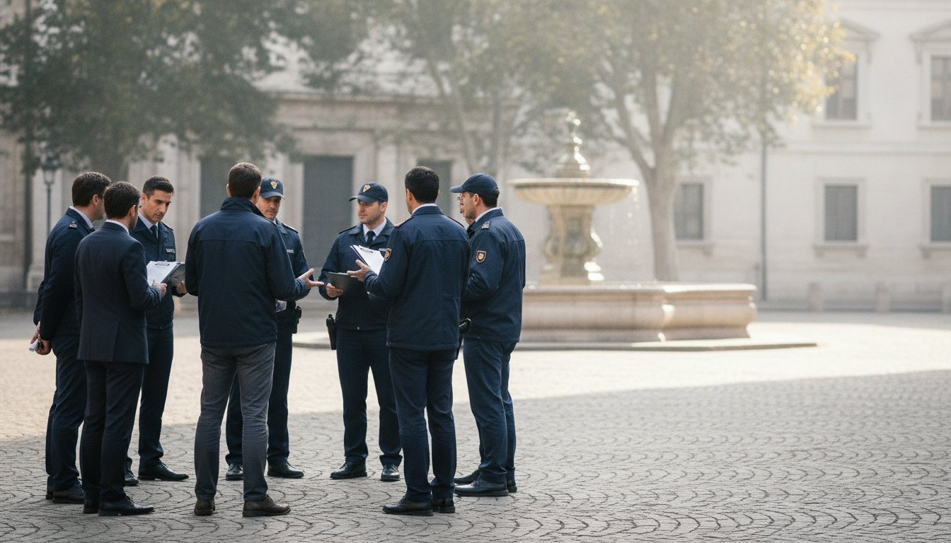 Pessoas reunidas em uma praça discutindo de forma calma com agentes de fiscalização urbana.