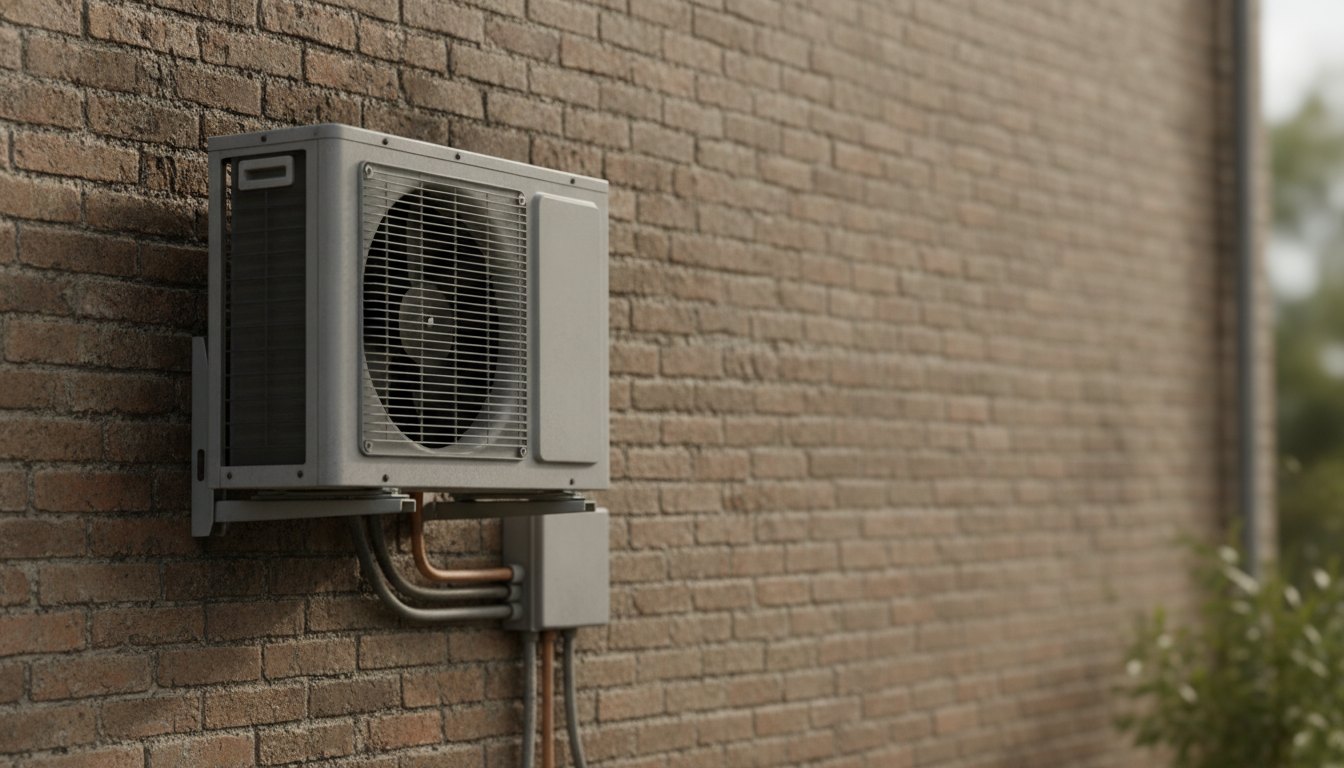 Unidade de ar condicionado instalada em uma parede externa de tijolos com marcas de desgaste térmico.