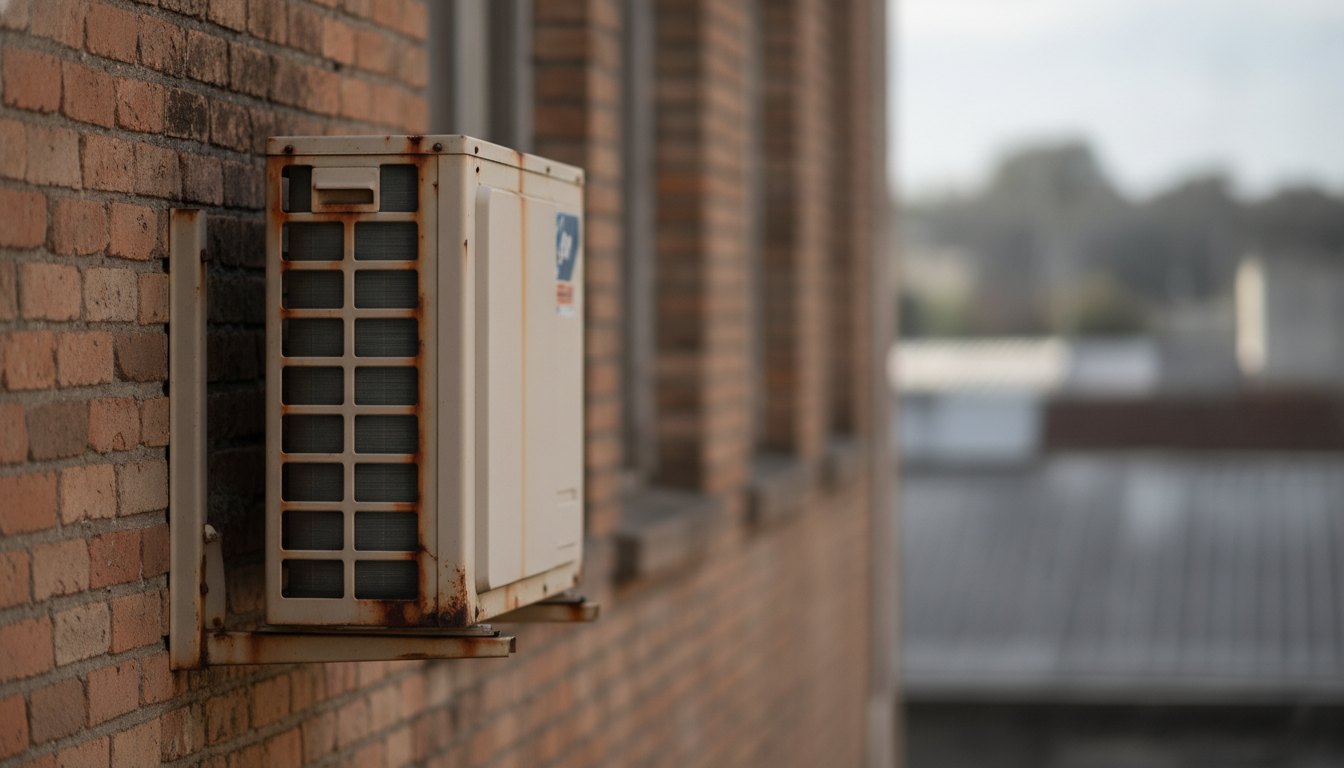 Unidade externa de ar-condicionado com marcas de ferrugem instalada na parede de tijolos de um edifício.