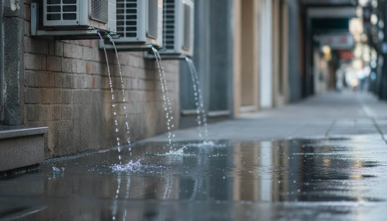 Pedestre caminhando em calçada molhada sob gotas caindo de aparelhos de ar-condicionado em fachada comercial.
