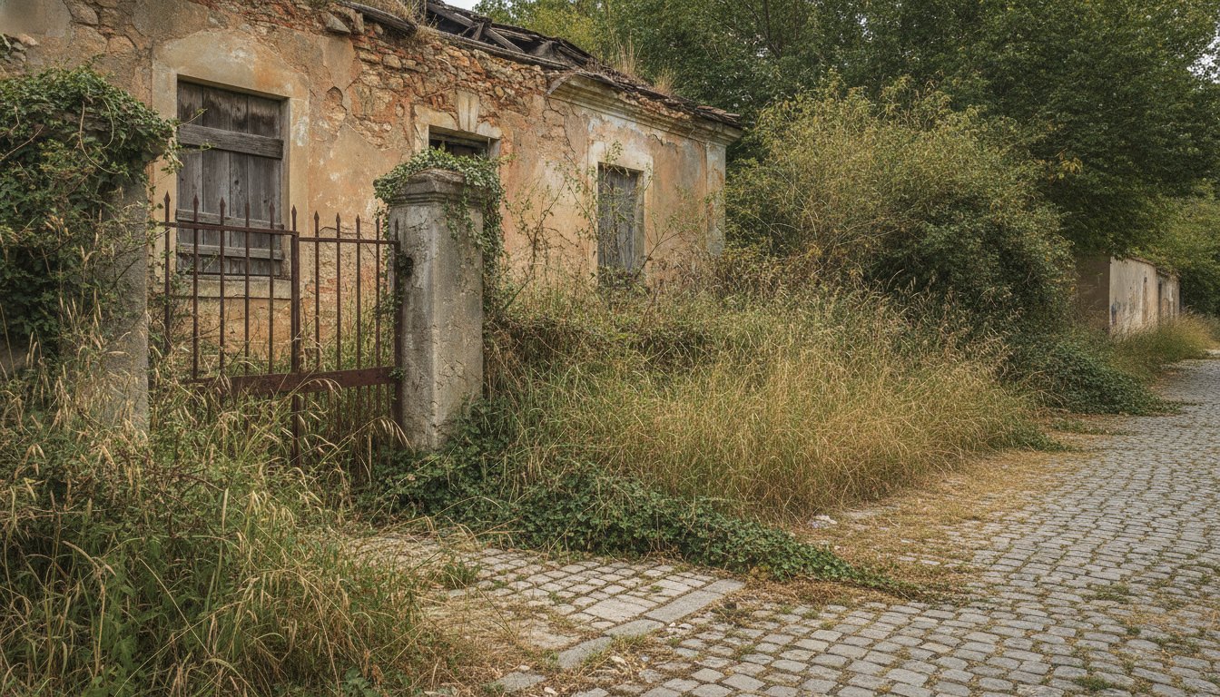 Fachada de casa abandonada com mato alto avançando sobre a calçada de paralelepípedos.