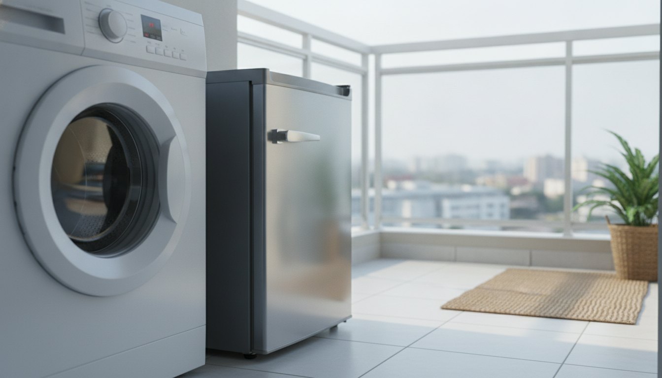 Máquina de lavar e frigobar instalados em uma varanda de apartamento com fechamento de vidro.