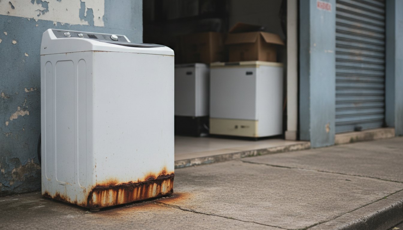 Máquina de lavar instalada em calçada de comércio com marcas de ferrugem na base metálica.