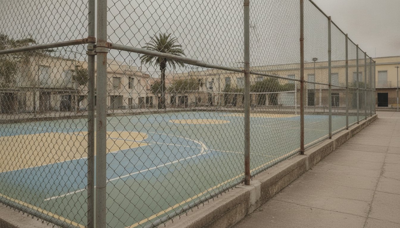 Quadra poliesportiva de praça pública cercada por malha de proteção tensionada em postes metálicos.
