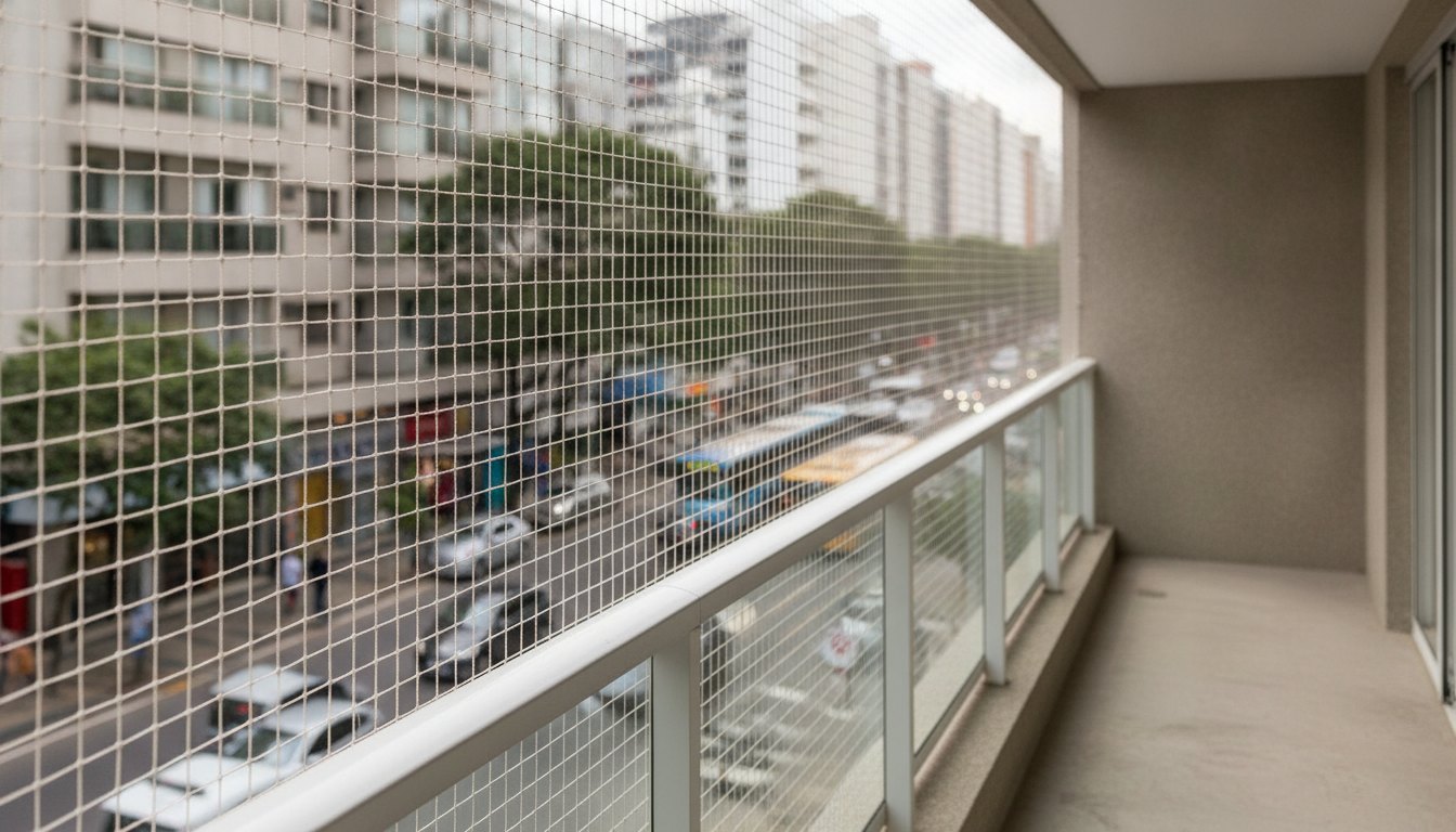 Rede de proteção instalada na sacada de um prédio com vista para uma rua movimentada