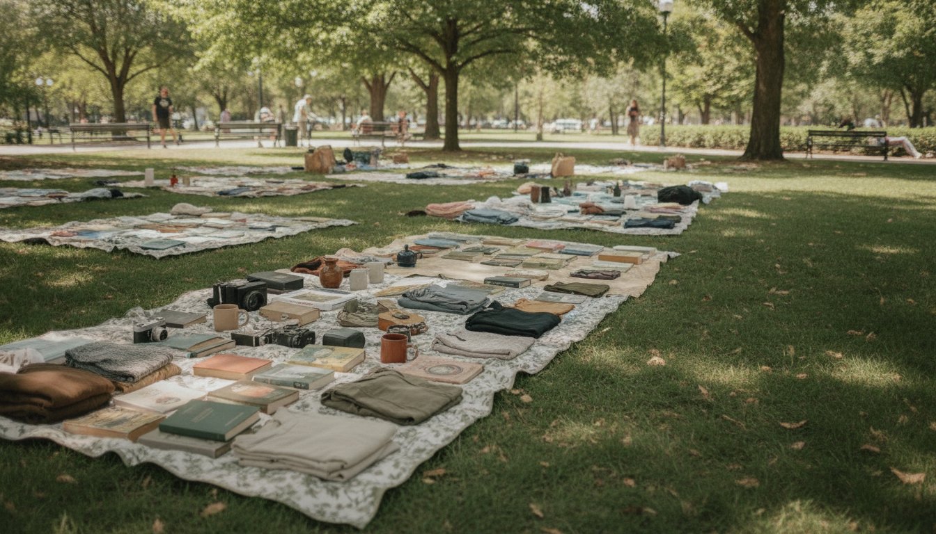 Pessoas reunidas em uma praça arborizada trocando livros, roupas e objetos sobre toalhas estendidas na grama.