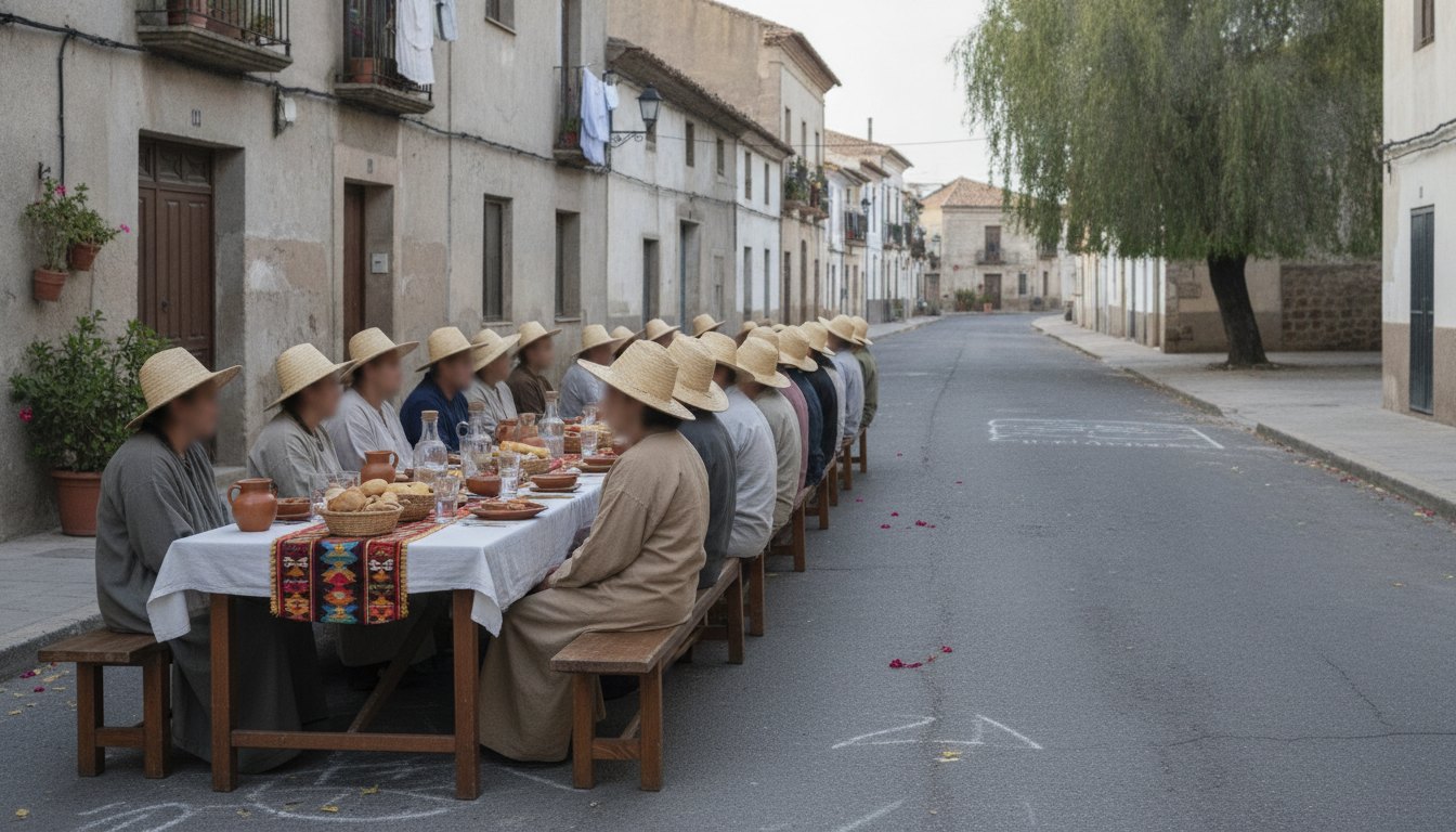 Moradores sentados ao redor de uma longa mesa de refeição no meio de uma rua asfaltada.