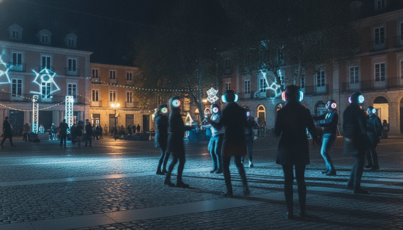 Pessoas dançando à noite em uma praça usando fones de ouvido iluminados com luzes coloridas.