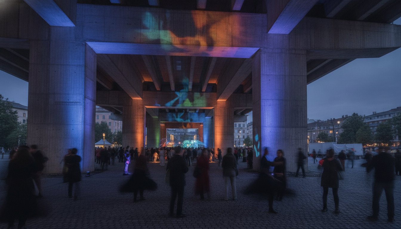 Pessoas dançando e conversando à noite sob uma grande estrutura de concreto iluminada por luzes coloridas.