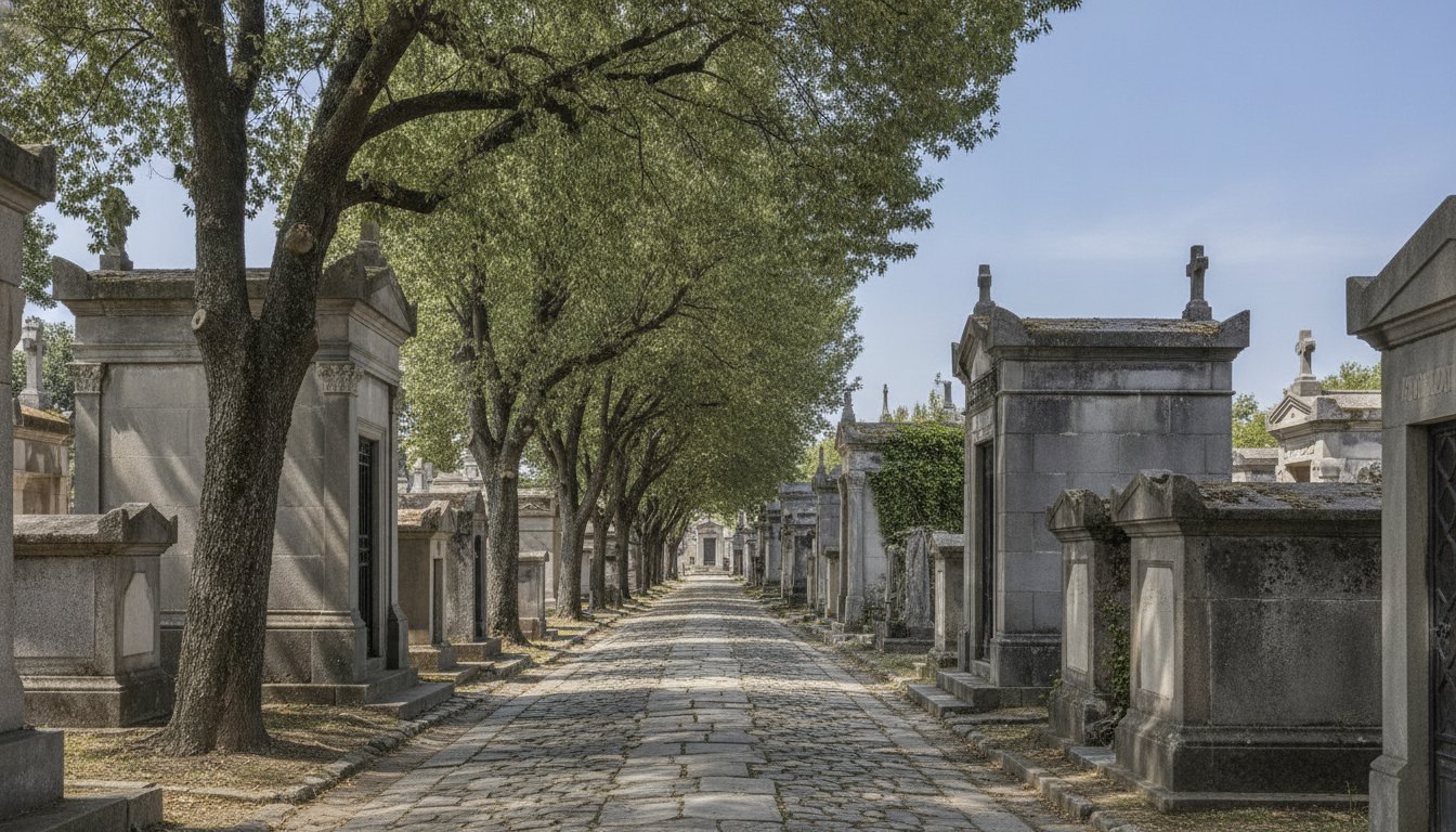Caminho arborizado entre túmulos e mausoléus antigos de pedra sob céu claro.