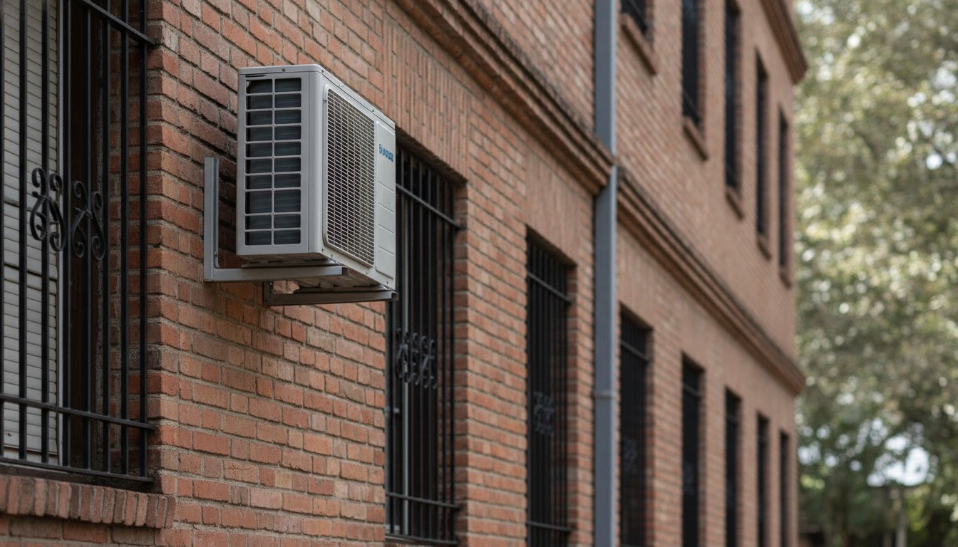 Unidade externa de climatização fixada na fachada de um prédio residencial de tijolos com grades metálicas.