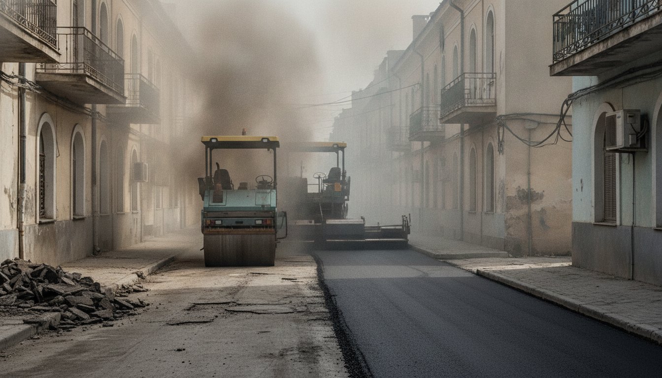 Trabalhadores recapeando rua asfaltada enquanto fumaça e poeira sobem perto de fachadas residenciais.