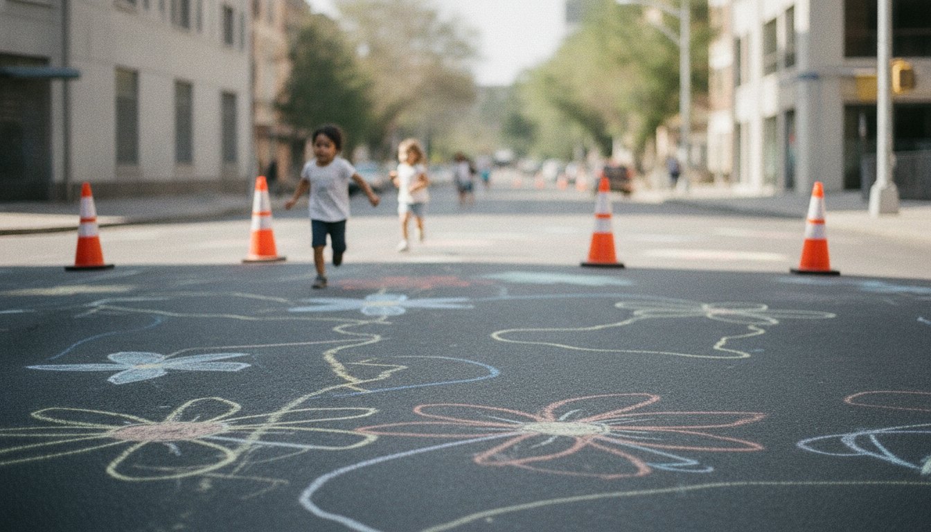Crianças correndo e desenhando com giz no asfalto de uma rua bloqueada por cones.