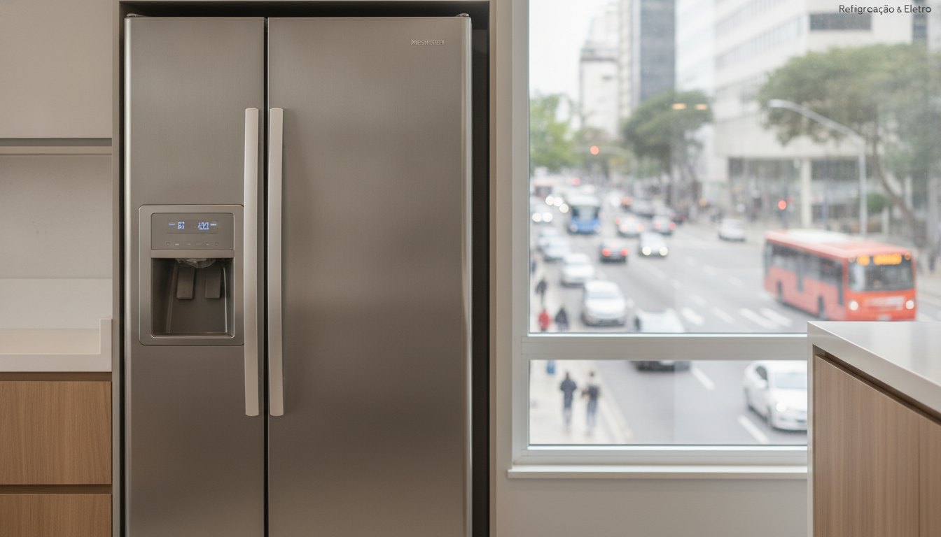 Geladeira de aço inox em uma cozinha com uma rua movimentada visível pela janela ao fundo.