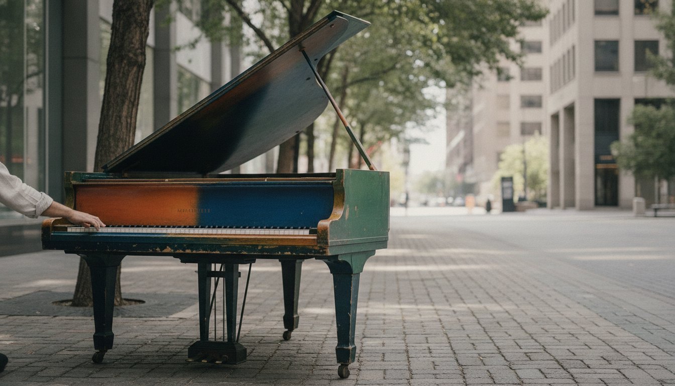 Pedestre toca um piano colorido posicionado na calçada ao lado de prédios comerciais e árvores.