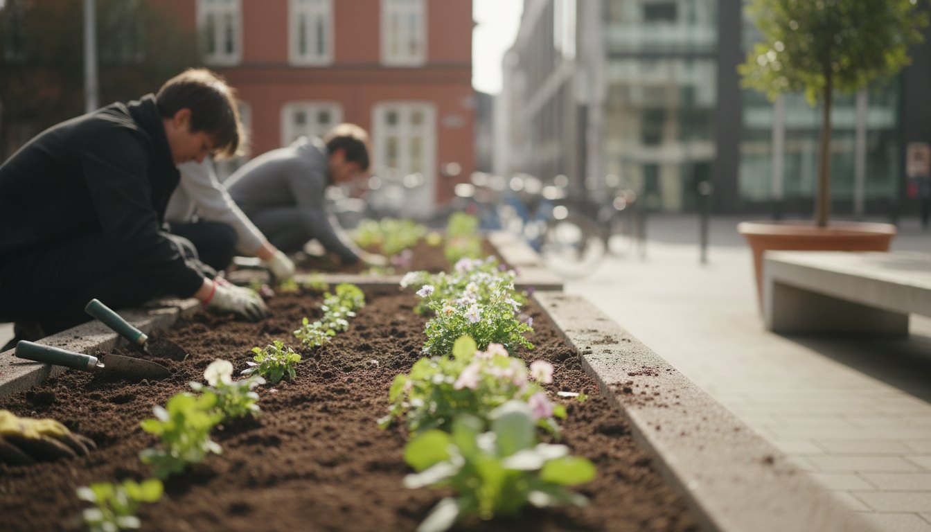 Moradores agachados plantando mudas de flores e hortaliças em um canteiro de terra na calçada urbana.