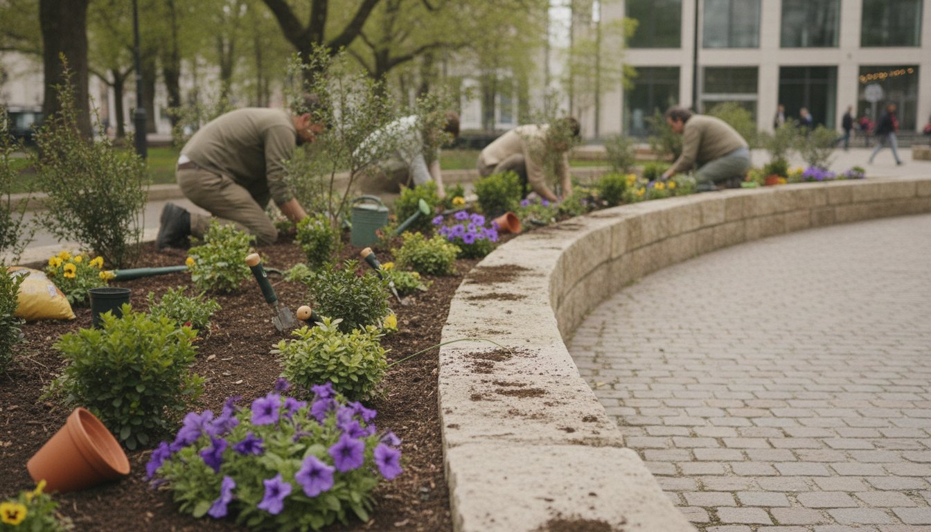 Grupo de pessoas plantando mudas de flores e arbustos em um canteiro no meio da calçada.