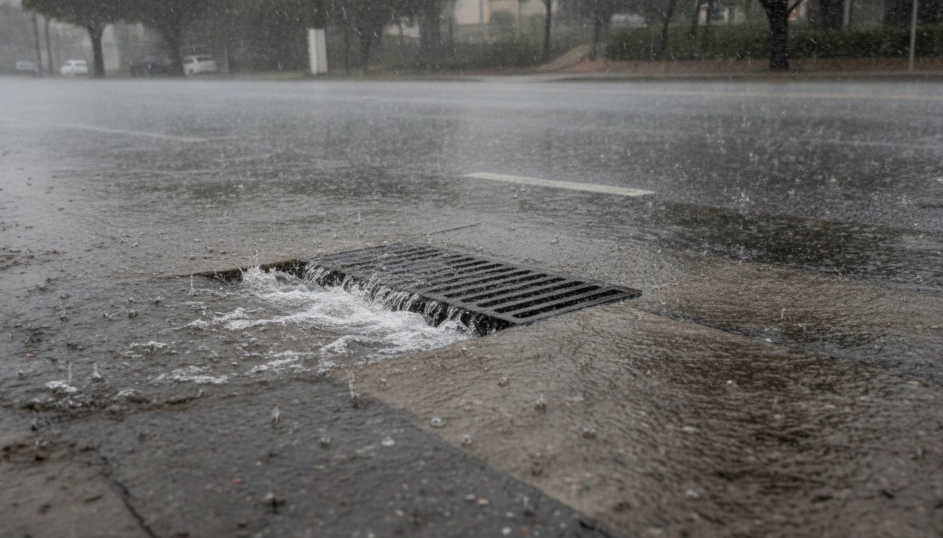 Grade de bueiro em uma rua asfaltada recebendo volume de água durante uma tempestade.