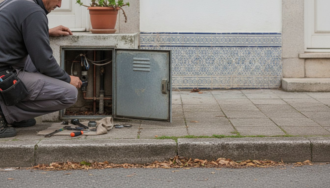 Homem agachado na calçada consertando a porta metálica de um abrigo de medidores de água.