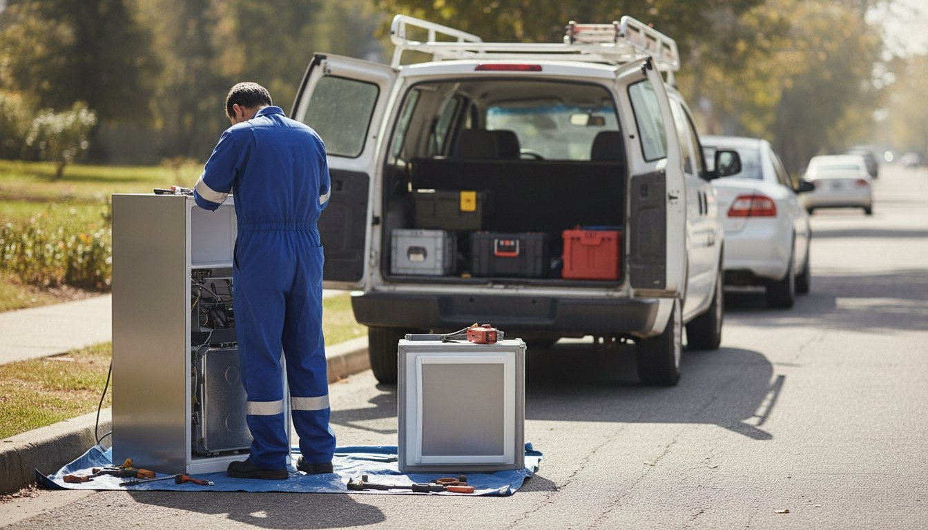 Técnico uniformizado reparando refrigerador na calçada ao lado de um veículo utilitário de serviço.