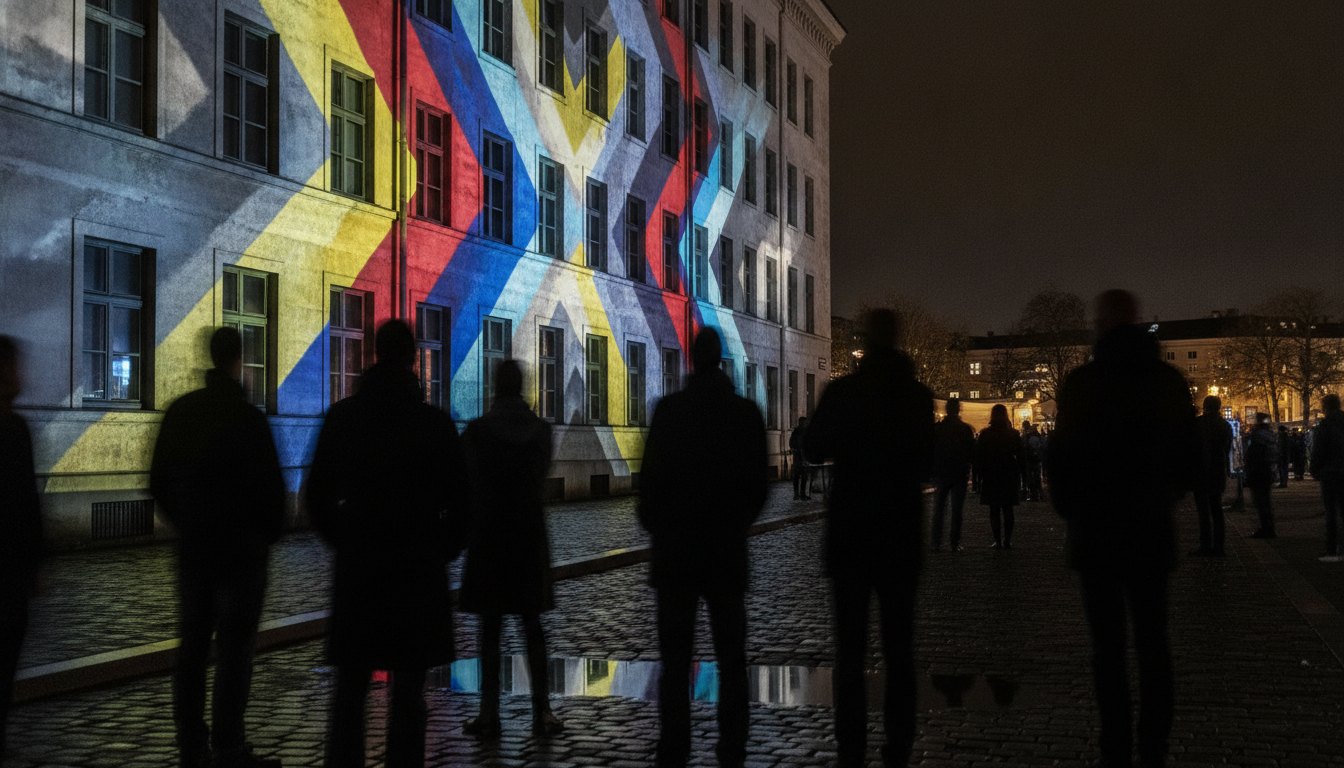 Parede lateral de edifício à noite iluminada por projeção colorida com pessoas assistindo na rua.