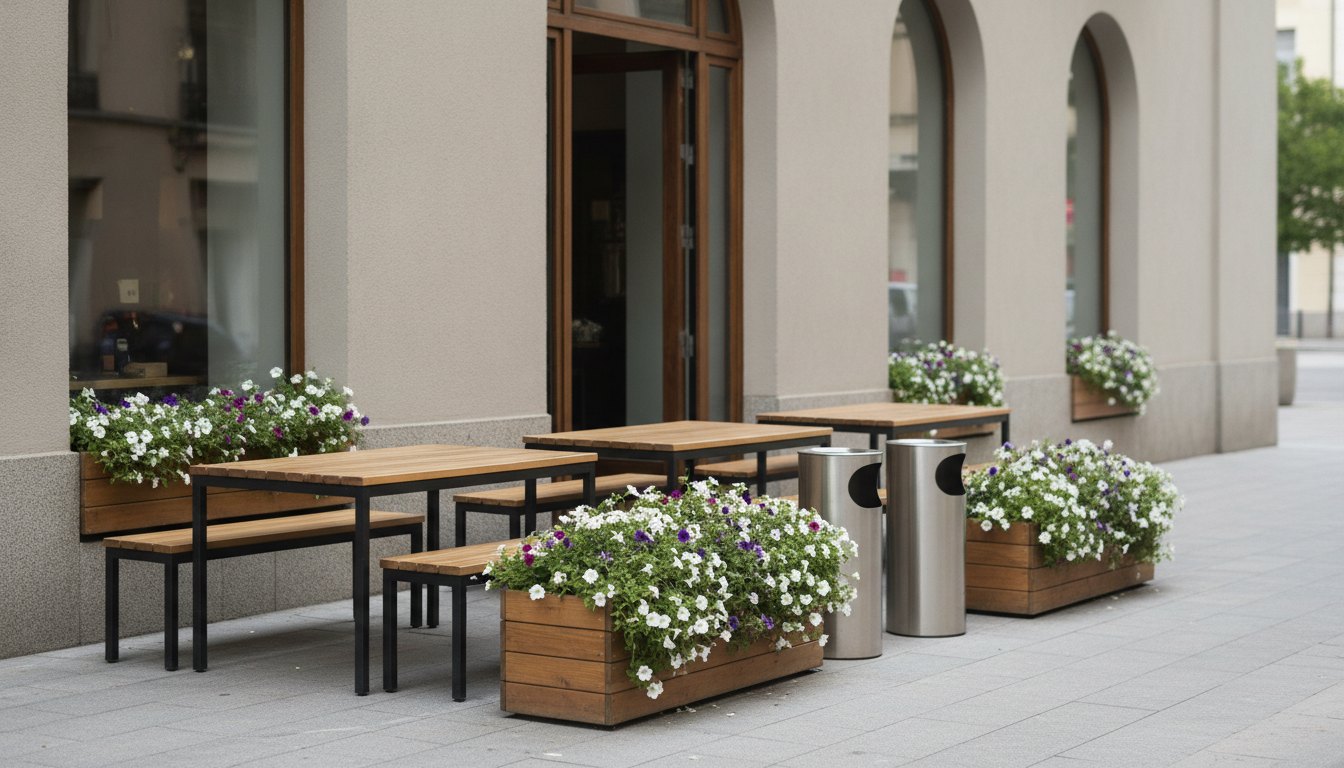 Fachada comercial com mesas de madeira na calçada ao lado de floreiras e lixeiras de metal.