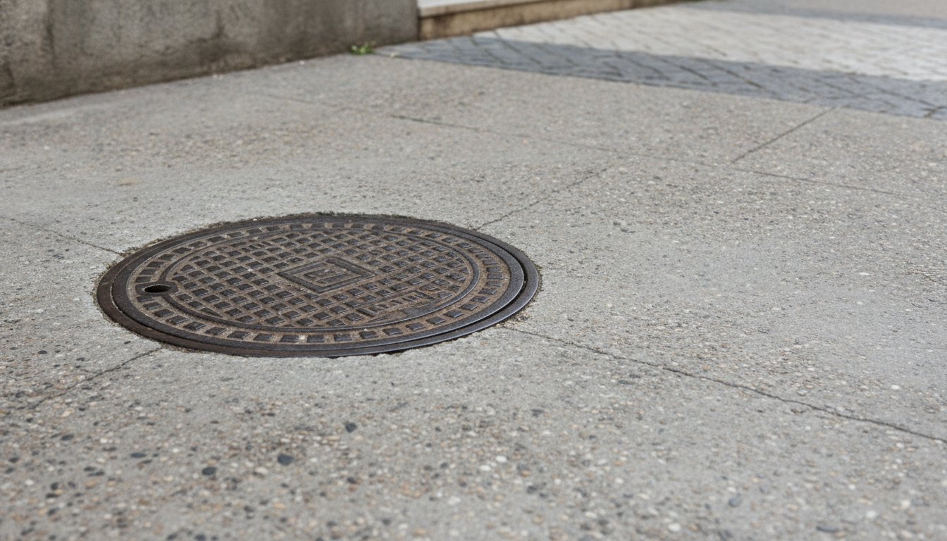 Tampa de caixa de inspeção metálica nivelada no piso de concreto de uma calçada.