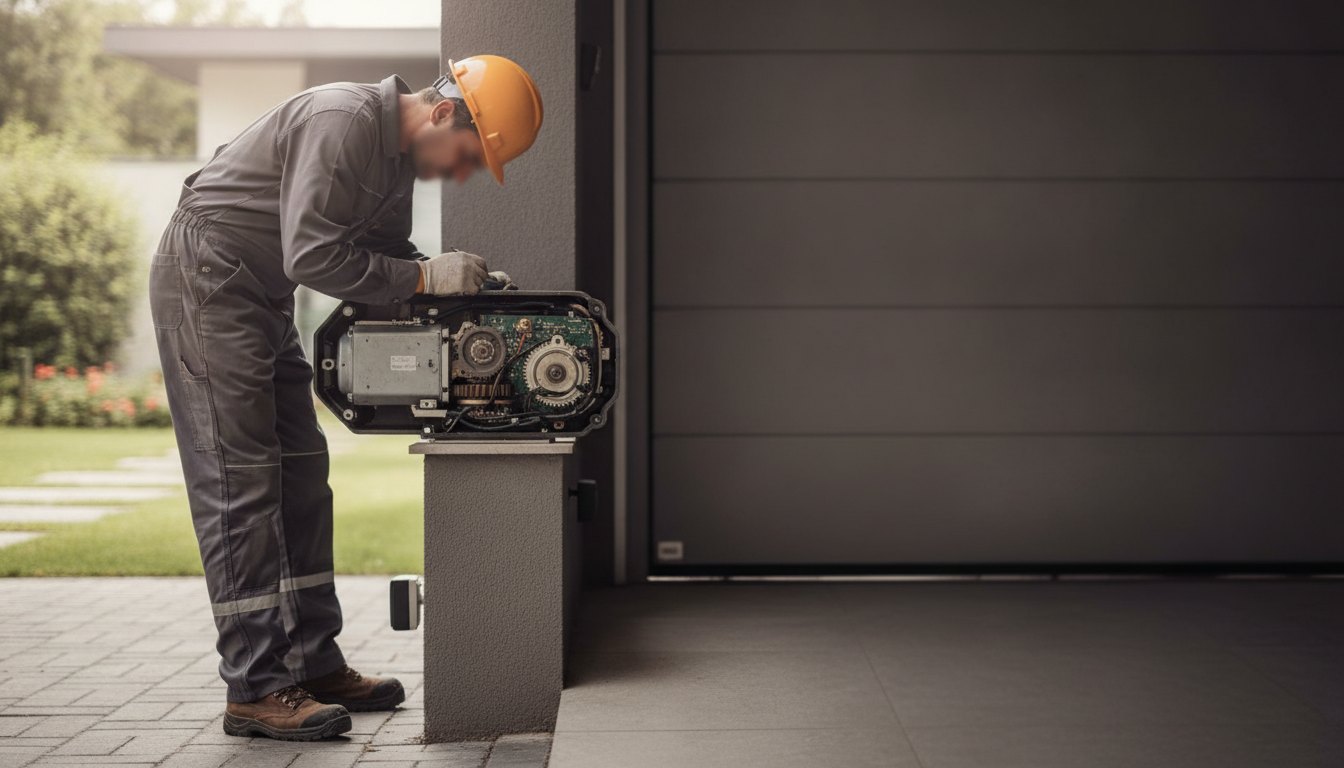 Profissional de manutenção inspecionando o motor de um portão eletrônico na entrada de uma garagem.