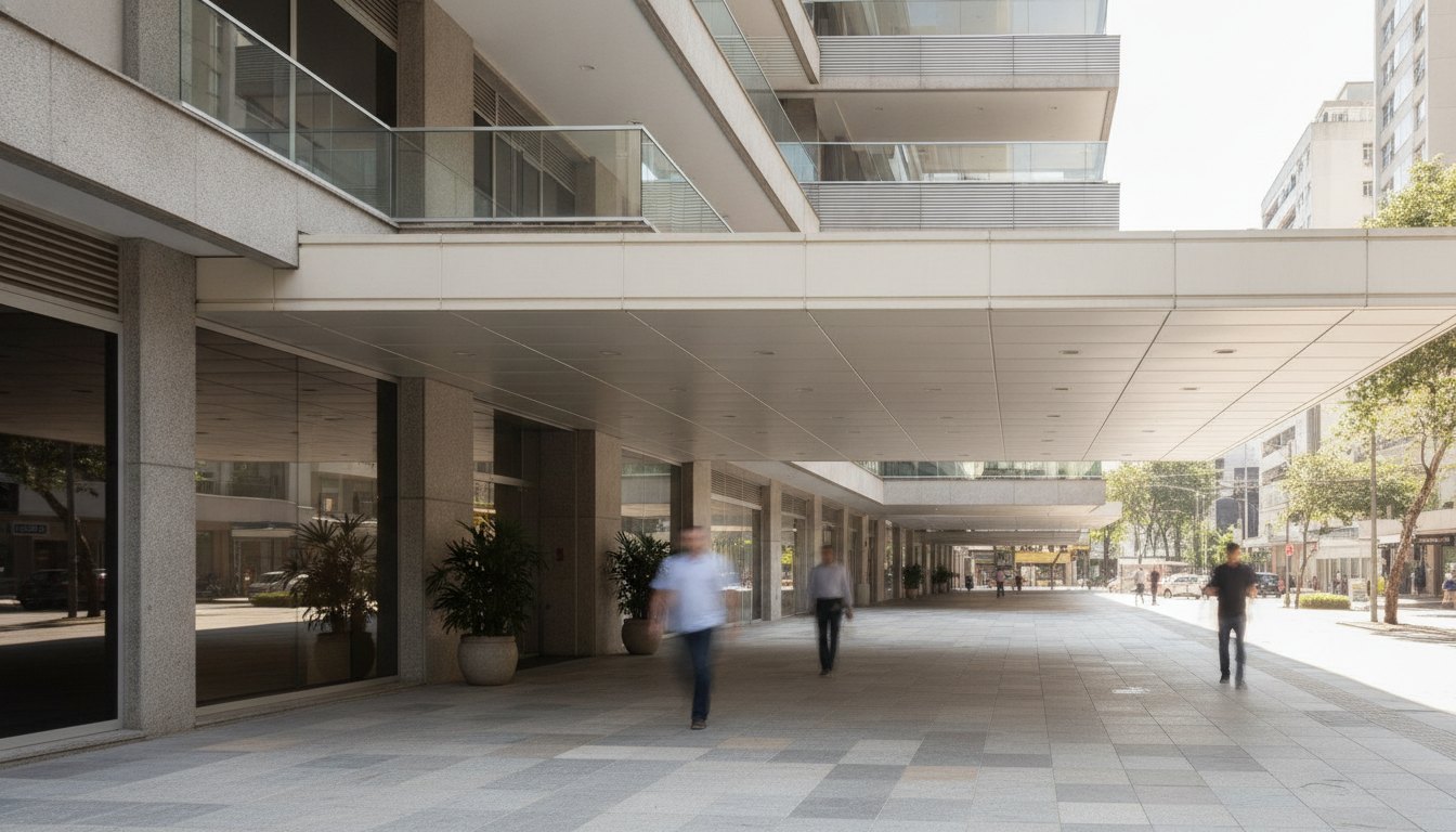 Pedestres caminhando em calçada sob marquise de edifício comercial com forro claro e sacadas protegidas.