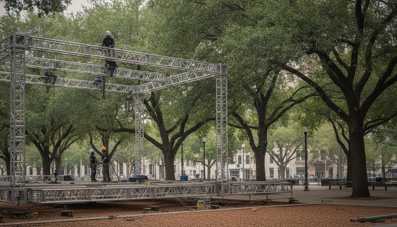 Operários com capacetes montando estrutura metálica de palco em uma praça pública arborizada.
