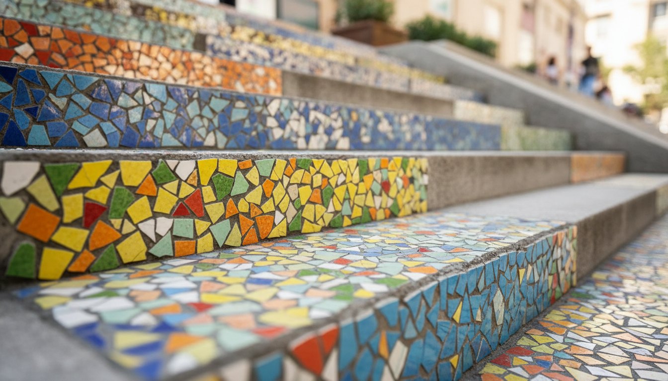 Pessoas aplicando pedaços coloridos de azulejo nos espelhos dos degraus de uma escadaria urbana.