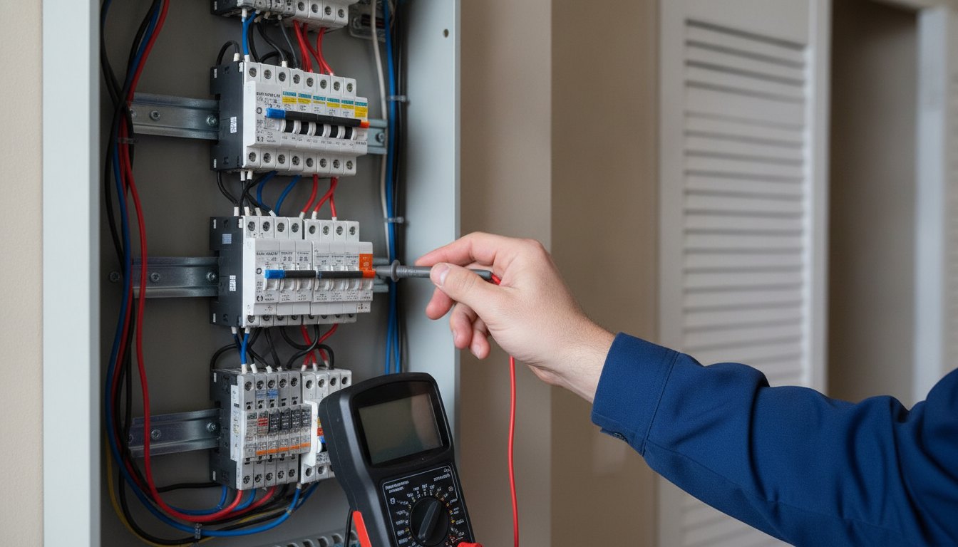 Técnico analisa o painel de um quadro elétrico residencial com um multímetro digital.