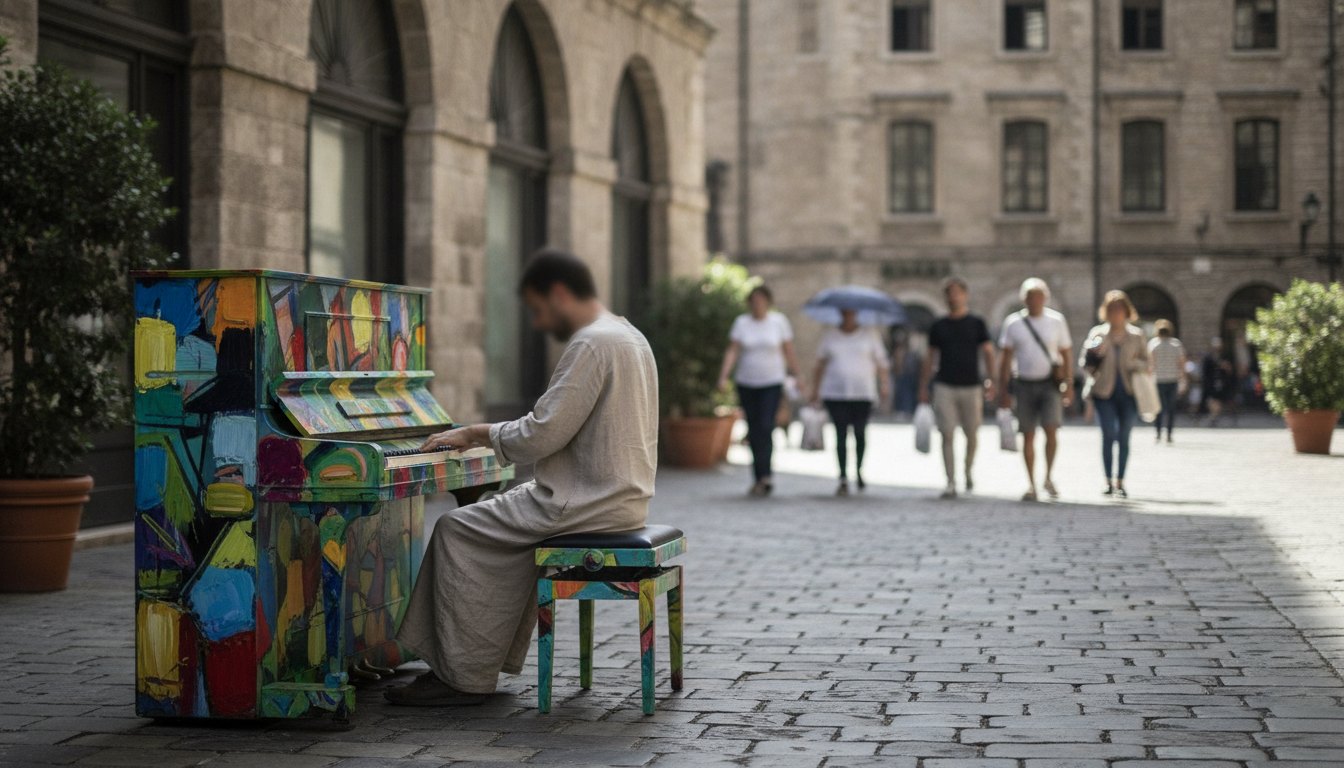 Pedestre tocando um piano colorido instalado em uma calçada de pedra com pessoas caminhando ao fundo.